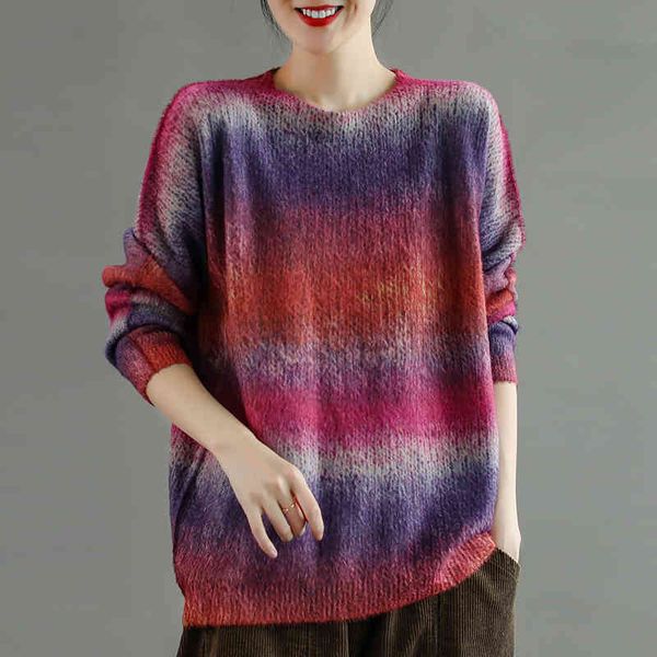 

johnature women's mink imitation veet stripe retro print o-neck long sve garment 2021 autumn winter new sweater, White;black