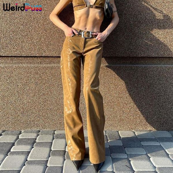 

women's pants & capris weird puss y2k style leather straight women 2021 faux pu streetwear casual elegant belt pocket office lady skinn, Black;white