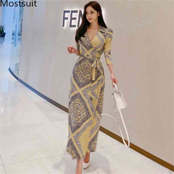 Varış Sarı Kore Baskılı Uzun Maxi Elbise Kadınlar 3/4 Kollu V Yaka Dantel-up Kemer Ofis Moda Parti Elbiseler Vestido 210513