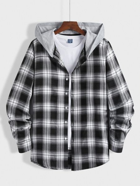 

men plaid contrast hooded shirt without tee h9dj#, White;black