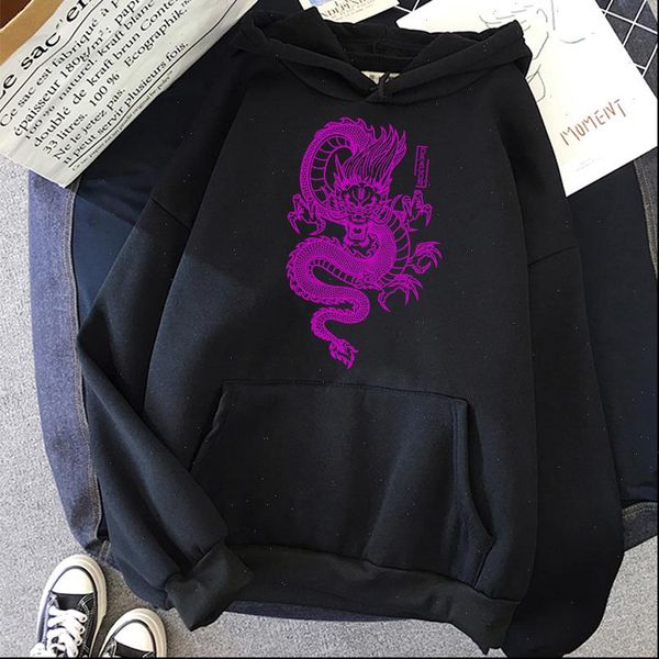 

chinese dragon vintage hooded women hoodies harajuku oversize pullover streetwear hip hop, Black