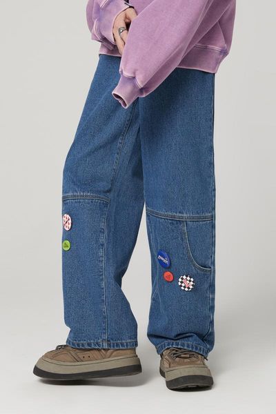

men's jeans black 2021 fashion brand custom button badge loose straight tube, Blue
