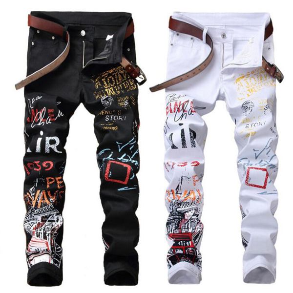 Yüksek Sokak Moda Erkek Kot Gece Kulübü Siyah Beyaz Renk Kişisel Tasarımcı Baskılı Jean Skinny Hip Hop Erkekler Punk Pantolon