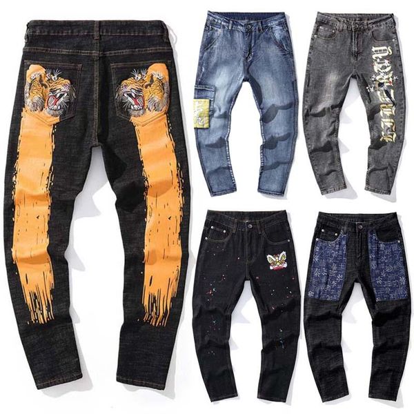 

fashion men skinny jeans stretch pant embroidery slim fit men's, Blue