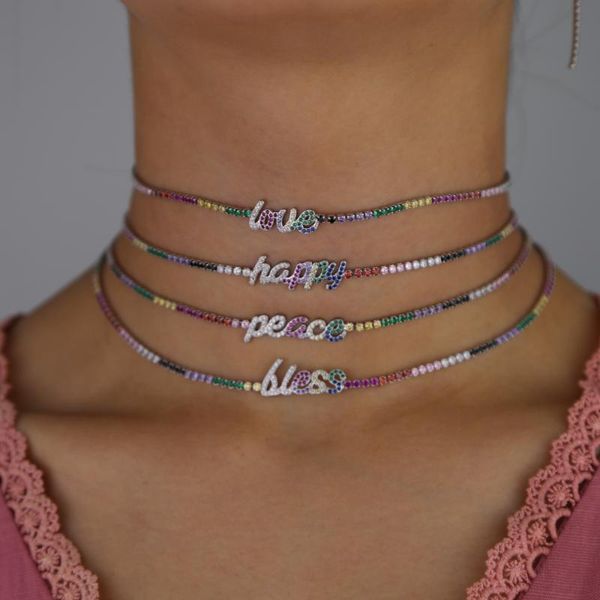 

pendant necklaces summer rainbow letter word charm tennis chain necklace women colorful cz bless peace happy love custom choker jewelry, Silver