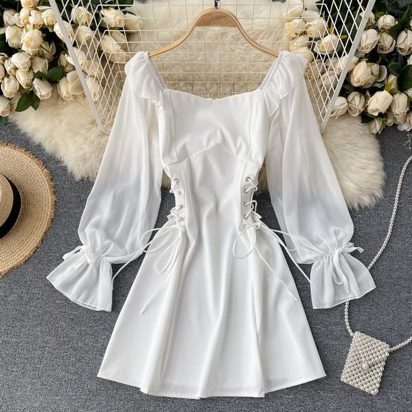 

casual dresses 2021 autumn party dress retro gothic women black white bandage slim waist ruffled puff sleeve korean vestidos, Black;gray