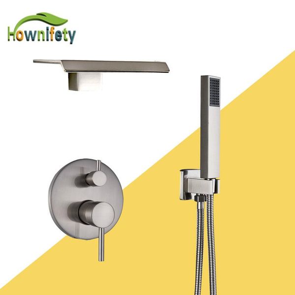 

brushed nickel waterfall shower faucet set wall mounted bathroom mixer tap with handshower sets