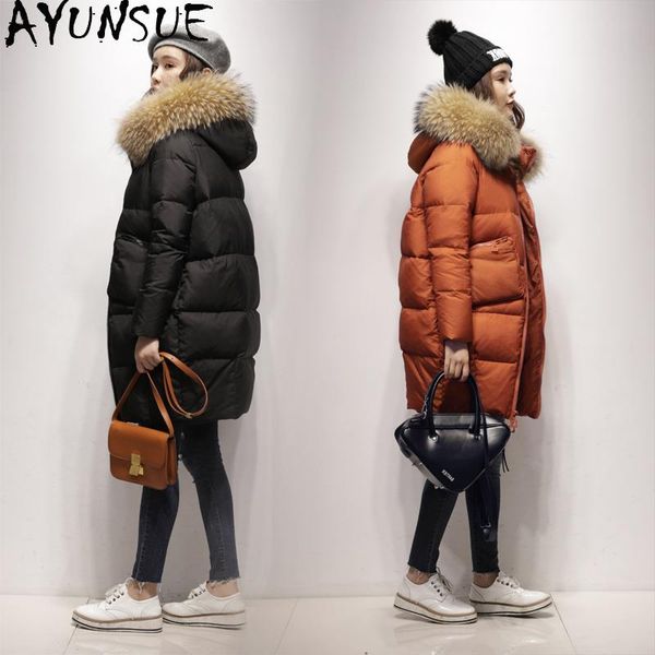 

winter down jacket women thicken long coat female real raccoon fur collar women's clothes abrigos mujer invierno 2021 & parkas, Black