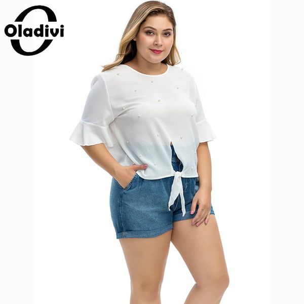 

plus size t-shirt oladivi women fashion beads chiffon blouses ladies short sleeve shirt oversized tunic blusas f9037 3xl 4xl 5xl 6xl, Black