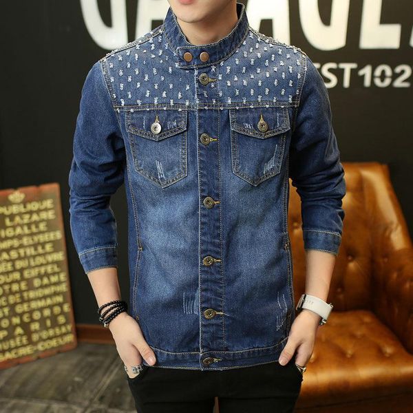 

men's jackets hoo 2021 autumn stand collar ripped denim jacket, Black;brown