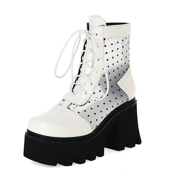 

black white women ankle boots hollow breathable mesh patent leather platform shoes lady cross tied riding