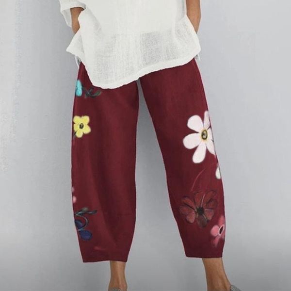 

women's pants & capris women casual ankle-length summer elastic waist wide leg vintage floral print trouser femme loose pantalon plus s, Black;white