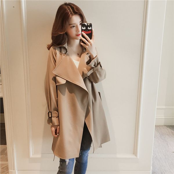 

long sleeve with belt jackets vintage women windbreaker spring mid-length ladies casual trench coat basic outerwears 210517, Tan;black