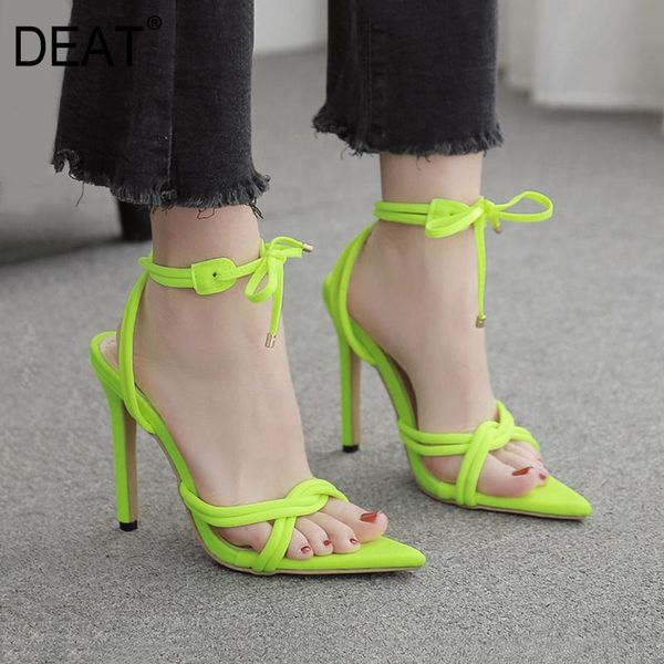 

[deat] 2021 spring summer pointed toe shallow ankle bandage flock thin high heels sandals for women shoes tide 10g670, Black