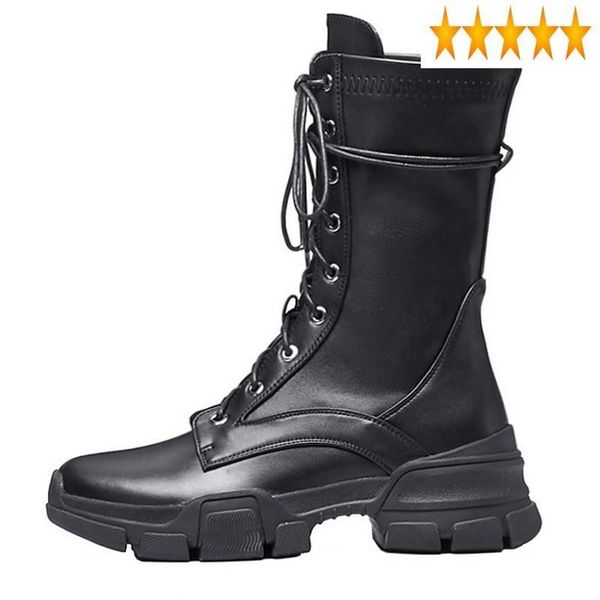 

boots bottom genuine leather thick lace up mid calf british motorcycle round toe autumn winter black womens platform
