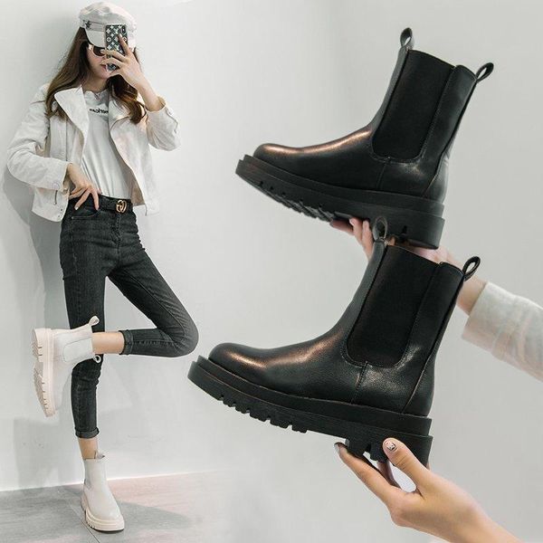 

Winter Toe 2022 Boots Autumn Round Fashion Platform with Short Tube Set Foot Low Heel Women's Shoes Ankle 622 161, Beige middle tube
