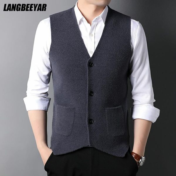 

men's vests grade autum winter fashion brand slim fit knit cardigan sweater vest men vintage woolen sleeveless casual man clothes, Black;white