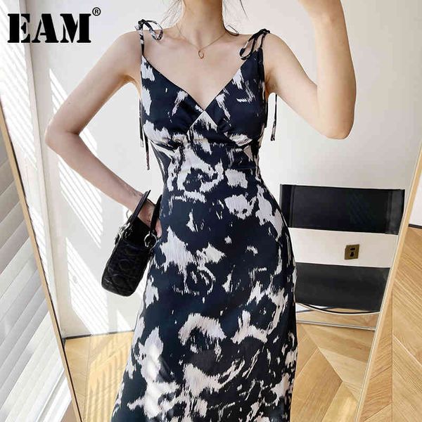 

[eam] women black print backless slim elegant dress v-neck sleeveless loose fit fashion spring summer 1dd8108 210512, Black;gray