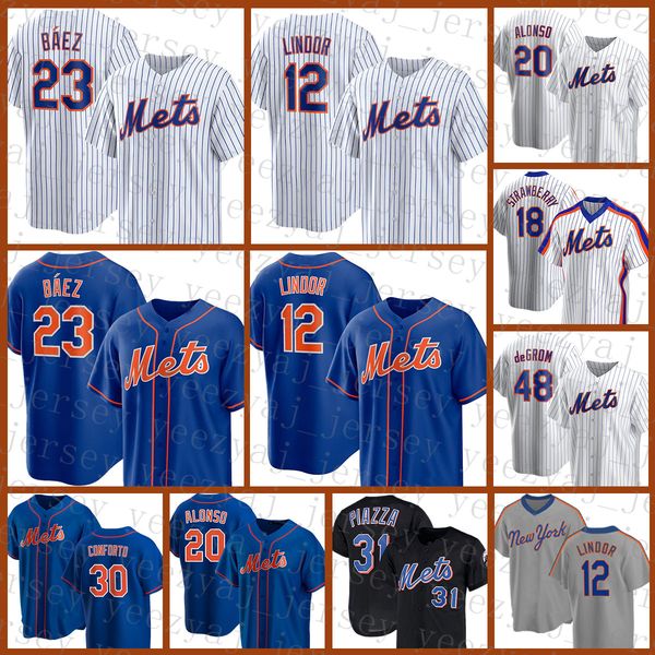 

23 javier bÃ¡ez new mens york met baseball jersey 12 francisco lindor 20 pete alonso 48 jacob degrom 18 darryl strawberry 31 mike piazza 8 ga, Blue;black