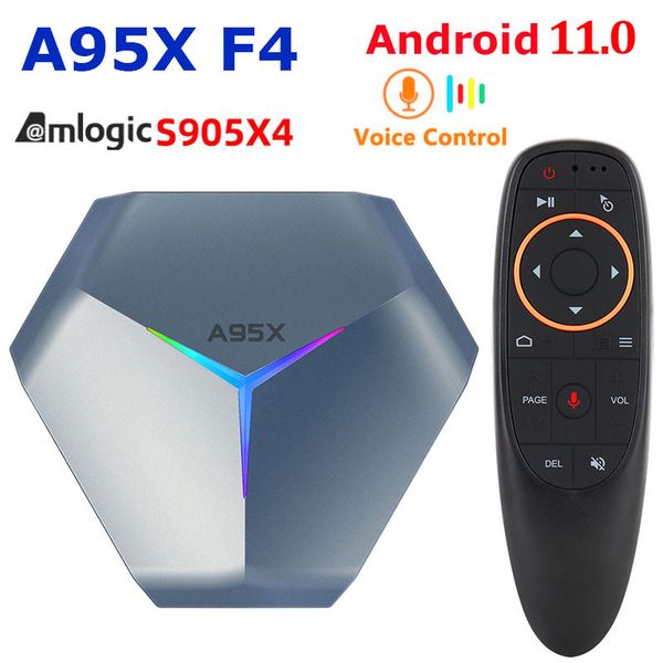 A95X F4 Android 11.0 TV Box com G10 Controle de Voz Amlogic S905X4 8K RGB Light Smart TVbox 4GB 64GB 32GB eMCP Plex media server 2.4G 5G Dual WIFI Bluetooth 2G 16G