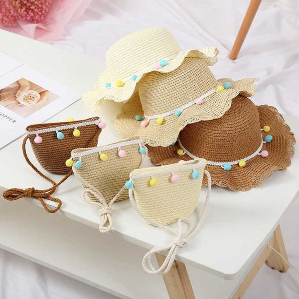 

pure color ball cap straw hat fashion summer sun beach bag set, Yellow