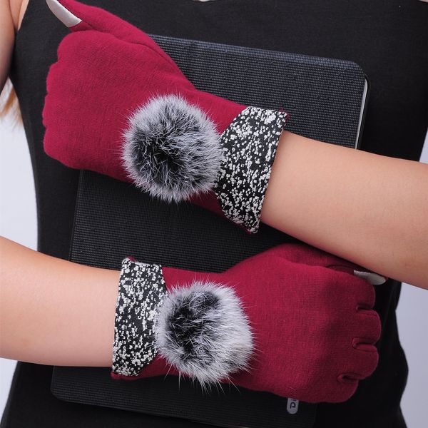

winter warm mitten women rabbit fur balls female gloves causal wrist soft covered finger velvet fitness gloves, Blue;gray
