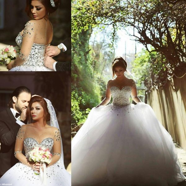 

2017 long sleeve ball gown wedding dresses with rhinestones crystals backless plus size bridal gowns qs05, White