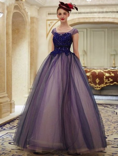 Фиолетовый шариковый платья формальные вечерние платья 2016 кружева аппликация из тюля вечеринка вечеринка платье выпускного вечера Элегантная леди бальное платье Pageant платье халат де Союре