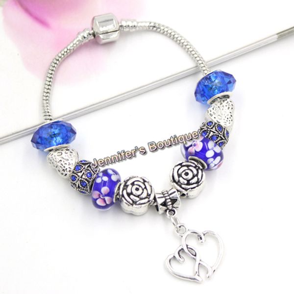 

mother's day gift jewelry diy navy blue flower lampwork murano glass beaded bracelets double hearts charms european style bracelets, Golden;silver