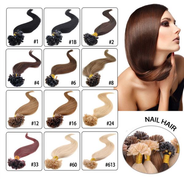 

Silky Straight 50g Prebonded Italian Keratin Nail Tip U tip Fusion Indian Remy Human Hair Extensions 100strands 16"-24" 13 colors available