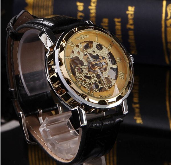 

fashion watch black leather skeleton stainless steel band man mechanical winner for mechanical wrist gold watch shipping arfwl, Slivery;brown