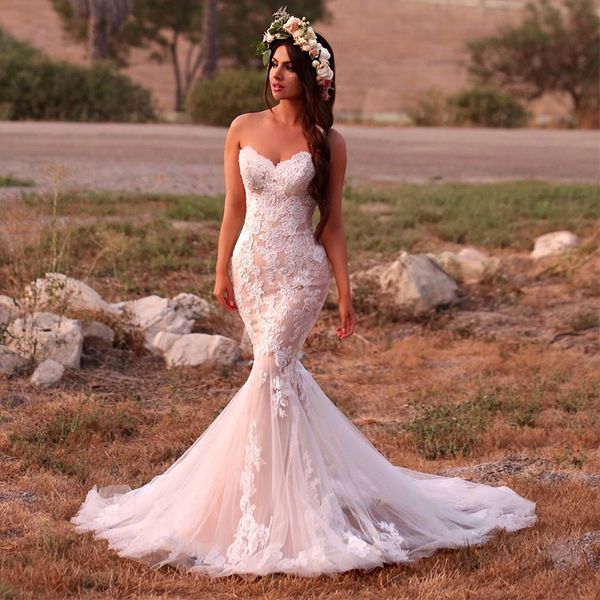 

vintage lace country wedding dresses sweetheart appliques mermaid wedding gowns bottom tulle elegant bride dresses vestido de casamento, White