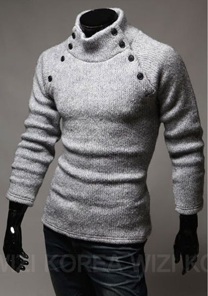 

wholesale-20114 new korean style fashion mens spread collar design solid turtleneck long sleeve sweater 2colors [9901, White;black
