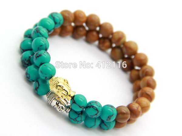 2015 Novo Design Pulseiras de Verão Atacado Por Atacado Grão De Madeira Turquesa Turquesa Gold and Silver Buddha Braceletes, Presente dos Mens