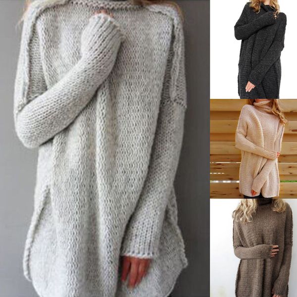 

wholesale- 2017 women autumn winter warm long sleeve knitted sweater fashion highneck loose baggy pullover solid bottoming dress plus size, White;black