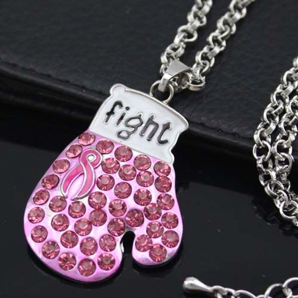 

breast cancer awareness pink ribbon jewelry pink ribbon fighting box gloves pendant necklaces, Silver
