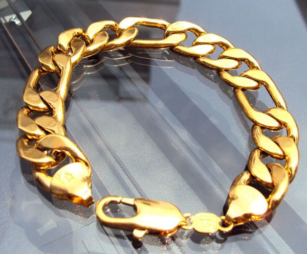 

18k real yellow gold noble men's bracelet 31g 8.26" figaro chain gf, Black