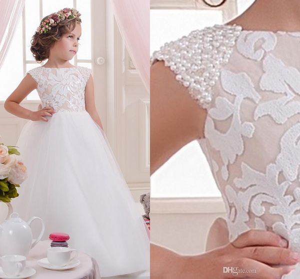 

princess pearls beaded capped sleeves white tulle flower girl dresses puffy floor length ribbon bow pageant gowns with lace appliques, White;blue
