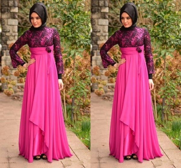 Muslimische Aso Ebi-Stil-Abendkleider, Stehkragen, lange Ärmel, eine Linie, nigerianische Frauen-Abendkleid, Blumen, Falten, Spitze, Chiffon, Robe de Soiree