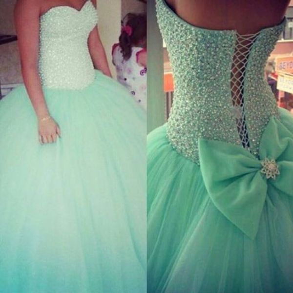 

mint green beaded pearls ball gown quinceanera dresses 2019 sweetheart neckline sleeveless lace up back lovely bow prom pageant gowns, Blue;red