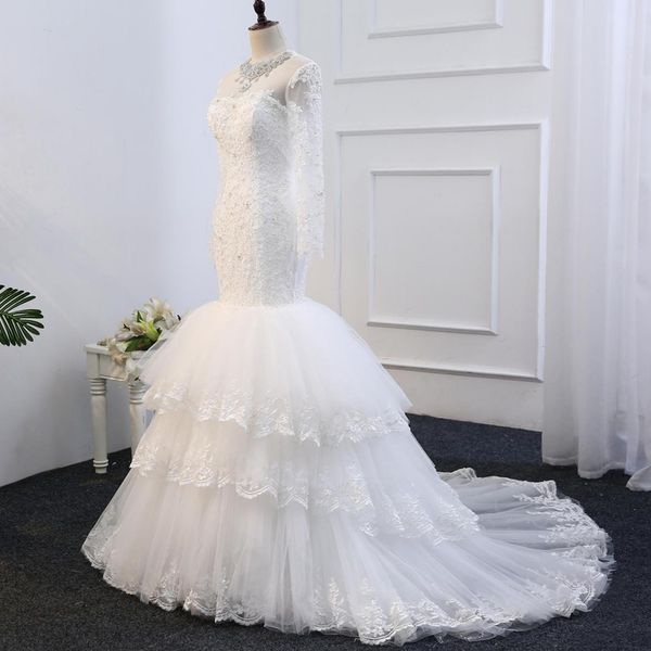 

elegant fit and flare mermaid wedding dress long sleeve tiered wedding gowns beaded crystals jewel neck zipper up tulle bridal dresses, White