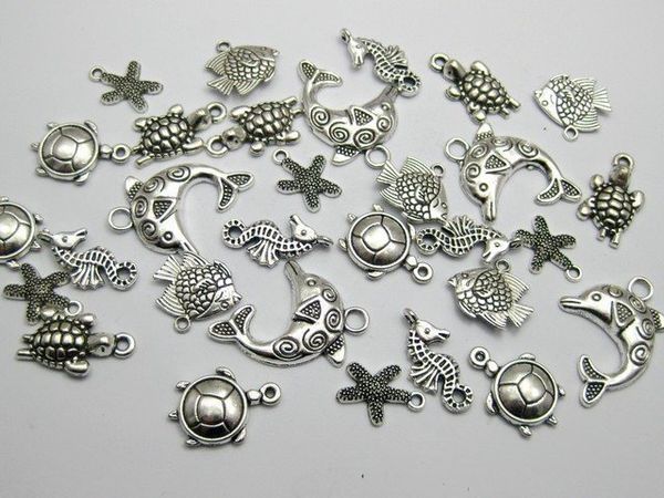 

wholesale-40 assorted tibet silver ocean fish & sea animal charm pendants