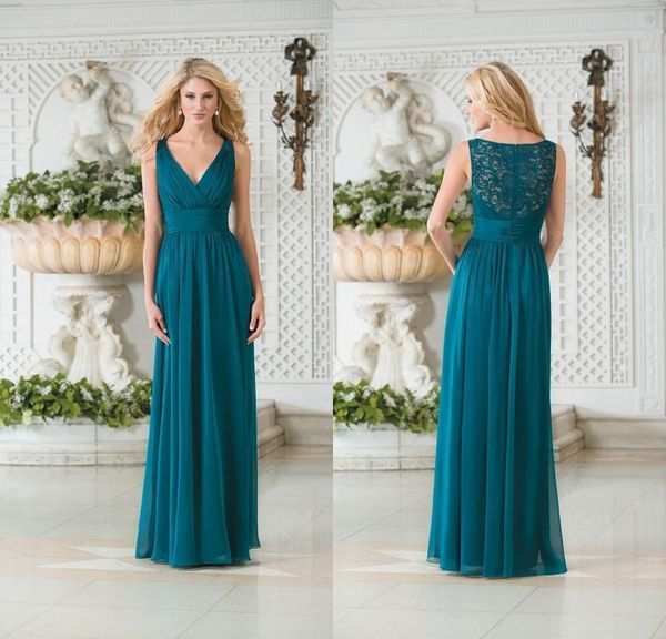 Vintage V-образная шея Teal Green Chiffon Long Bridesmaid платья в линейке кружева полые назад простые подружки невесты выпускные платья вечеринка вечернее платье дешево