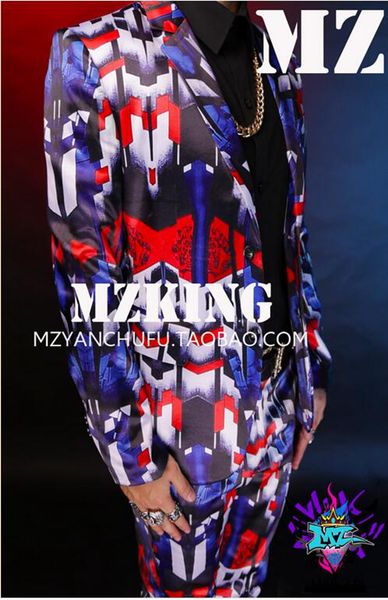 

a male singer a nightclub in the korean version runway looks blue and red light silk satin elastic suit costumes geometry. s-6xl, Black;red
