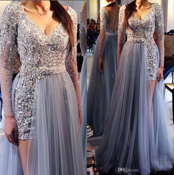 

luxury full beaded long sleeves prom dresses 2016 winter silver party gowns detachable tulle floor length v neck open back evening gown, Black