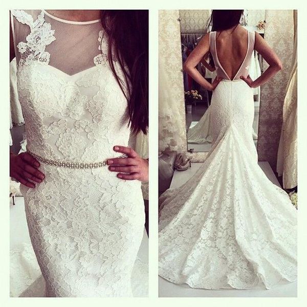 

custom made 2021 new lace mermaid wedding dresses sheer scoop beaded sash backless court train summer beach trumpet wedding gowns, White