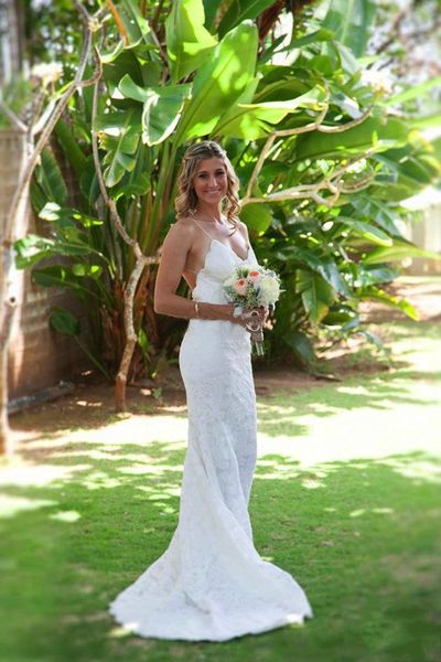 Lace Sexy Backless Vestidos De Noiva Sereia Verão Jardim Da Praia Do Casamento Vestidos Elegante Lace Simples Spaghetti Vestido De Noiva Tribunal Trem Vestidos