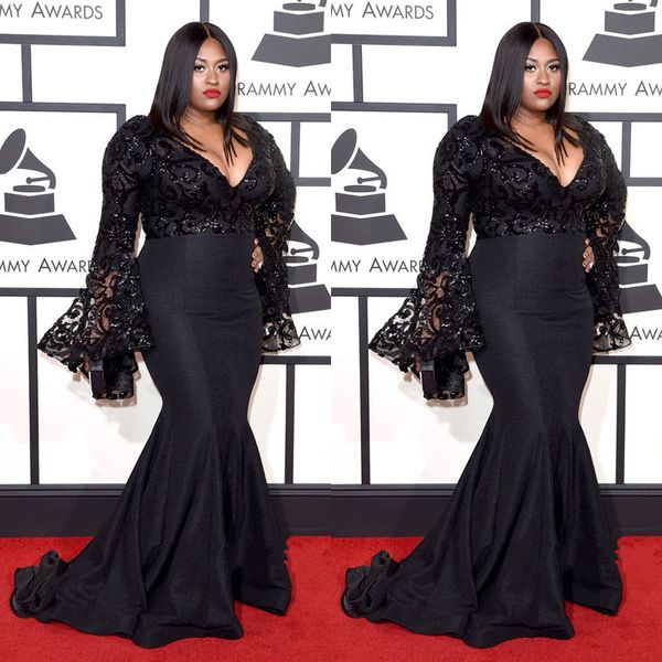 

2018 grammys плюс размер вечерние платья v шеи длинные рукава бусины русалка пром платье кружева аппликация развертки поезд весна черный веч, Black