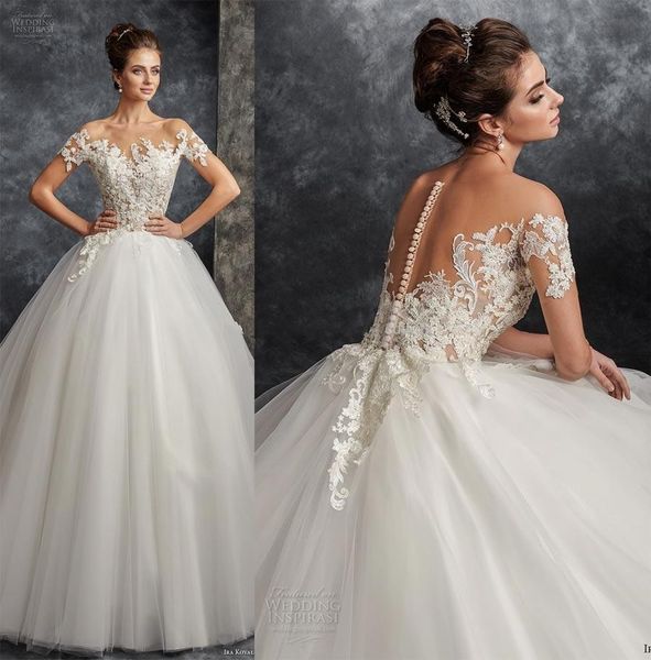 

сильно украшенные лиф с плеч короткими рукавами свадебные платья 2018 новый ира коваль свадебный возлюбленной декольте sheer кнопки 116, White