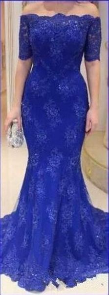 

2019 blue lace evening dresses short sleeve off shoulder beaded lace long mermaid party gowns zipper back custom made e238, Black;red